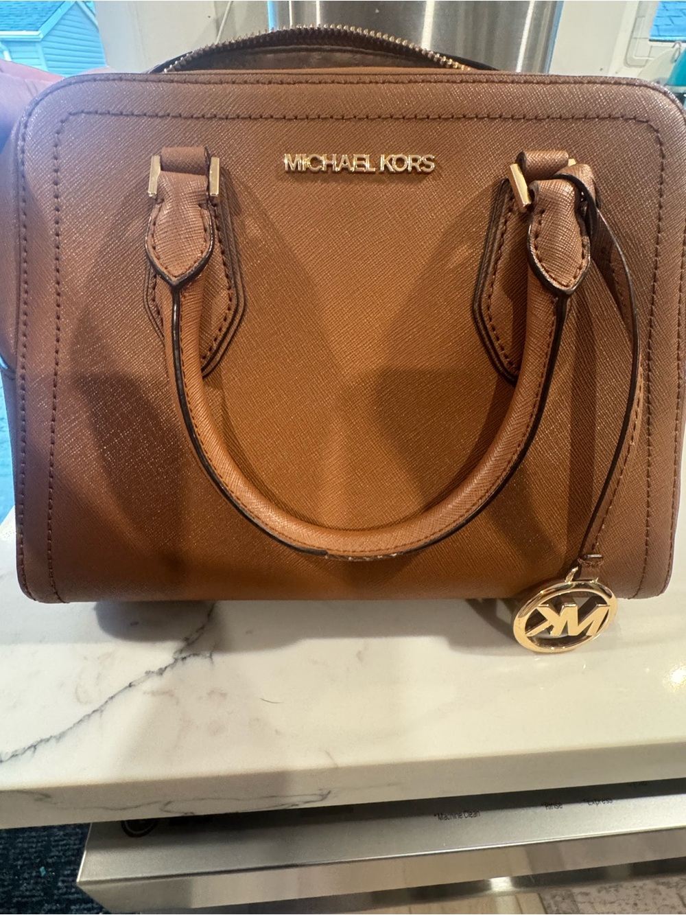 Michael Kors Brown Saffiano Satchel with Gold Hardware